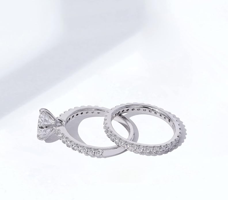 Amazon Essentials Platinum or Gold Plated Sterling Silver Round Ring Set made with Infinite Elements Zirconia