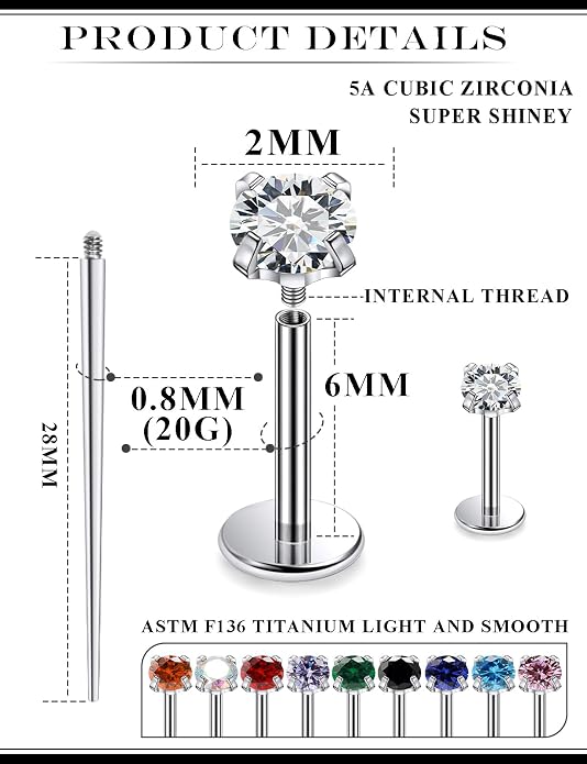 20G 18G 16G Astm F136 Titanium Internal Thread Flat Back Earrings Nose Studs Tragus Helix Conch Cartilage Lobe Earrings Medusa Labret Snake Bite Monroe Lip Ring Piercing Jewelry For Women Men