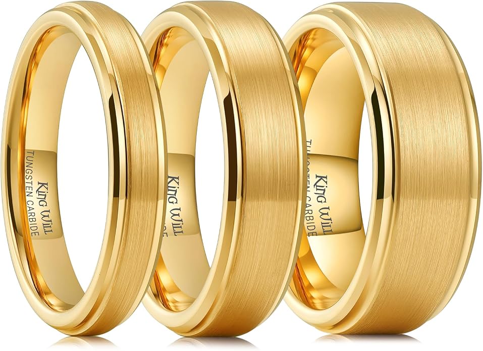 King Will Tungsten Carbide Wedding Band for Men Women-4/6/8mm Width 14K Gold Plated Tungsten Wedding Ring Matte Brushed & High Polished Style Comfort Fit Wedding Band Size 6-14