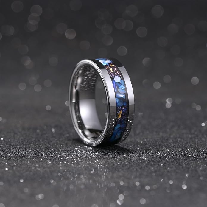 King Will 8mm Silver Hammered Titanium Ring Center Inlaid Wood Wedding Band for Men Hammered Wood Titanium Rings Polish Comfort Fit