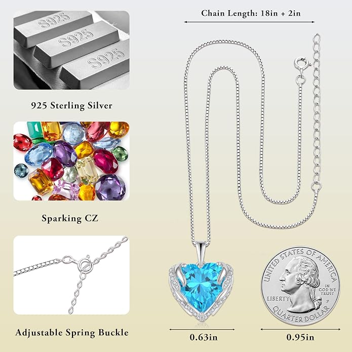 Angel Wings Necklace for Women 925 Sterling Silver Cubic Zirconia Love Heart Birthstone Pendant Necklaces