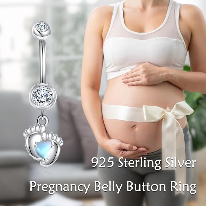 Belly Button Ring 925 Sterling Silver Bar Butterfly/Cross/Pregnancy Dangle Belly Button Piercing Body Navel Rings CZ Moonstone Jewelry Gift for Women