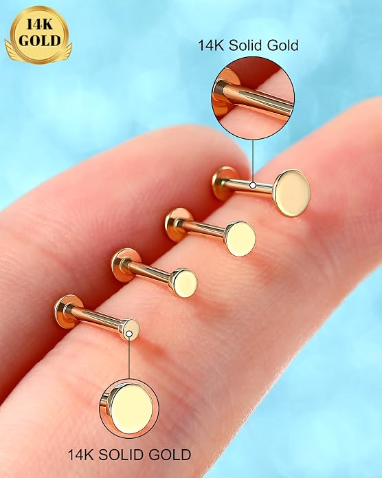 Melighting 14K Gold Threadless Earrings 16G Gold Flat Back Earrings Tiny Flat Disc Threadless Push in Labret Stud Gold Tragus Piercing Jewelry for Women Conch Helix Stud