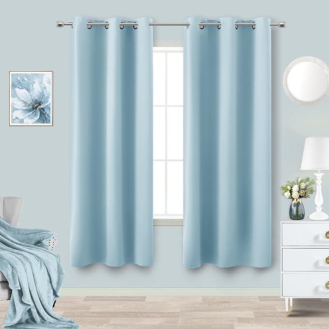 KOUFALL Light Blue Curtains for Bedroom,63 Inch Length 2 Panels Blackout Room Darkening Light Heat Reducing Curtains for Kids Room Girls Nursery Breakfast Nook.Sky Blue,42x63-64 Inches Long