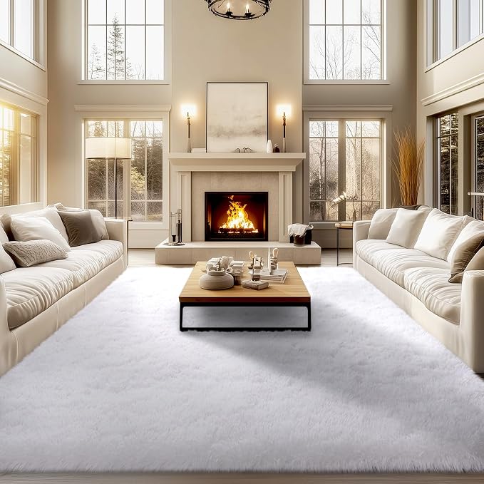 qulint 9x12 Area Rug for Living Room, Soft Fluffy White Rug for Bedroom | Shag Shaggy Carpet for Girls Room, Plush Fuzzy High Pile Alfombras for Dorm Kid Room Classroom Christmas Home Decor