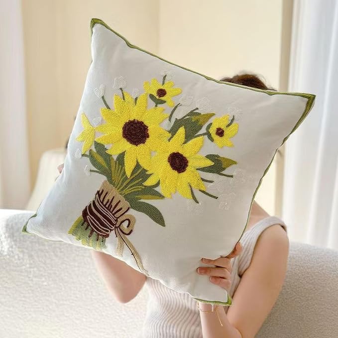 Embroidery Throw Pillow Covers Yellow Floral 18x18 Inch Decorative Cushion Case Tied Sunflowers 100% Cotton Home Decor Embroidered 45x45cm, 1 Piece