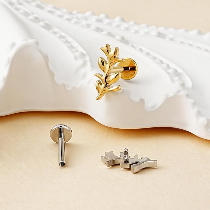 FINE4U 1PC Leaf Flat Back Stud Flat, Helix, Conch, Tragus 6mm 8mm - ASTM F136 Titanium Screw on Body Piercing Jewelry