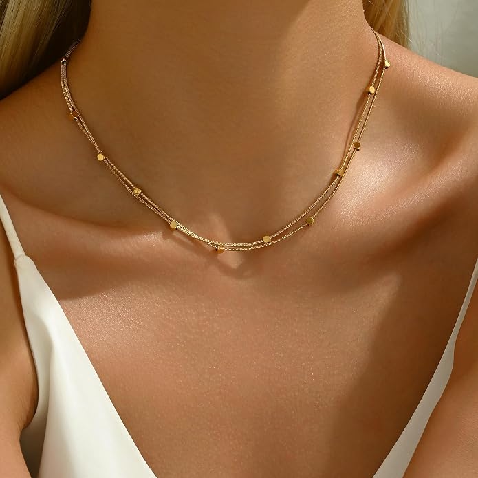18K Gold Plated Layered Herringbone Necklaces for Women Dainty Layering Beaded Snake Chain Choker Moon Coin Pendant Necklace Trendy Stainless Steel Jewelry