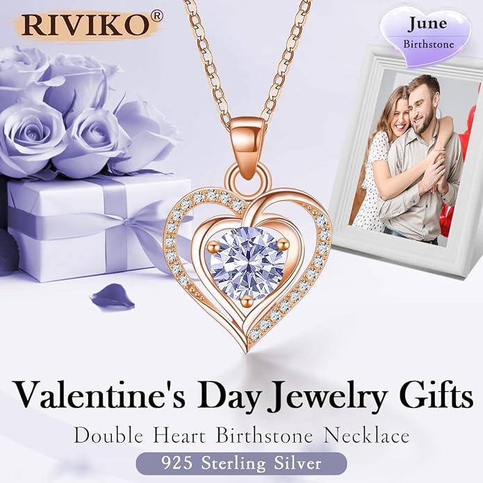 RIVIKO Heart Birthstone Pendant Necklace for Women 925 Sterling Silver Zirconia Necklaces Valentine's Day Anniversary Birthday Mothers Day Jewelry Gifts For Her Mother Wife