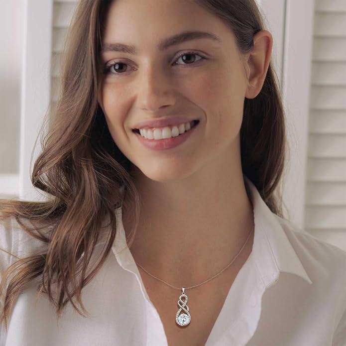 Gemstone Infinity Pendant Necklaces for Women, S925 Sterling Silver Round cut Zircon Necklace Birthstone Jewelry Gift for Her