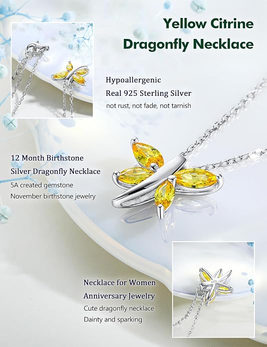 925 Sterling Silver Birthstone Necklaces for Women, Dainty Cute Dragonfly/Butterfly Pendant Necklace, Great Christmas/Anniversary Jewelry for Mother