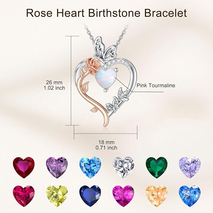 TOUPOP Rose Heart Birthstone Necklace 925 Sterling Silver Heart Butterfly Pendant Love Jewelry Birthday Gifts for Women Wife Mom Her