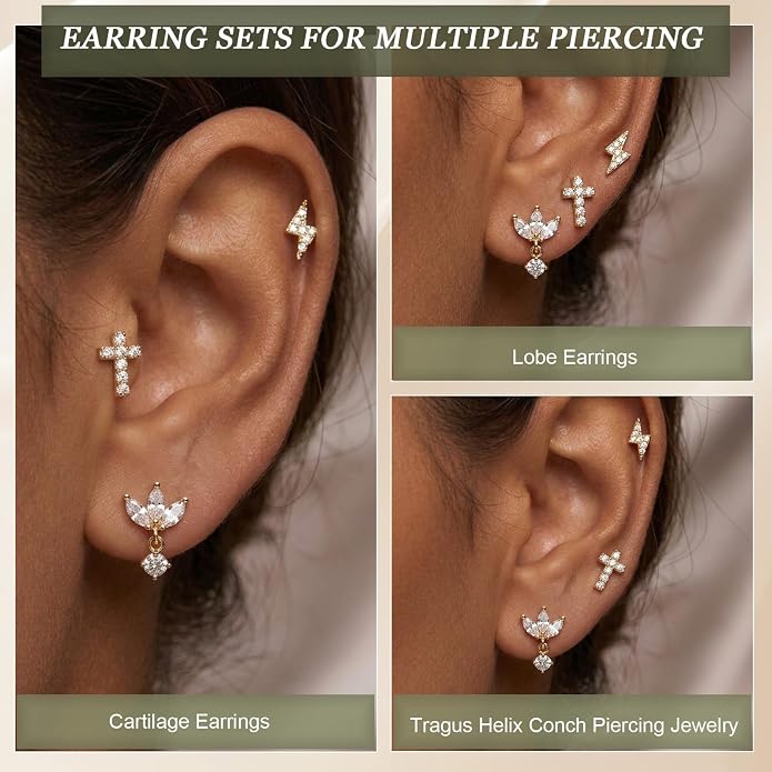3 Pairs 20G Flat Back Earrings, G23 Titanium Hypoallergenic CZ Studs, 14K Gold Cartilage Helix Tragus Conch Piercing Jewelry for Women