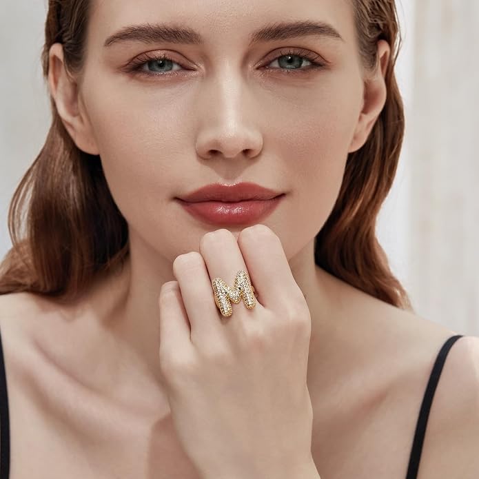 Cicy Bell Initial Rings for Women 14k Gold Plated Cubic Zirconia Delicate Letter Chunky Statement Open Rings Gifts for Her