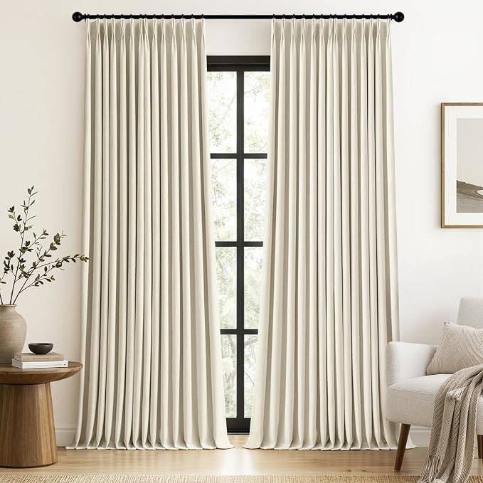 MIULEE Cream Pinch Pleated 100% Blackout Linen Curtains for Bedroom, Room Darkening Memory Trained Light Blocking Window Curtains 84 inches Long for Living Room, Black Out Pleat Drapes, 2 Panels