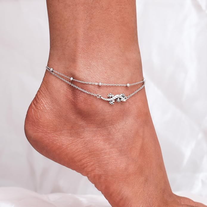 CHIC & ARTSY 925 Sterling Silver Ankle Bracelets for Women, Adjustable Layered Foot Chains with Nature & Symbol Charms, Lightweight Comfort Fit Boho Beach Everyday Jewelry