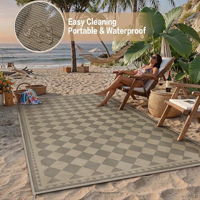 HUGEAR 5x8 Outdoor Rug Waterproof Checkered Patio Rug Home Decor Reversible Plastic Straw Black and Brown Rugs Outside Indoor Floor Mat for Camping Balcony RV Deck Porch Balcony Backyard