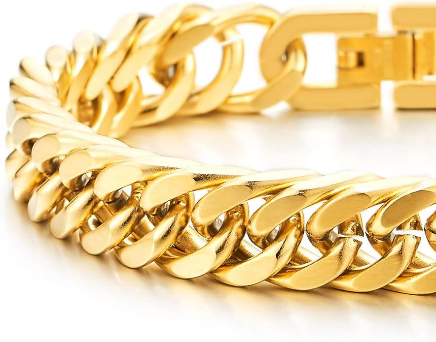COOLSTEELANDBEYOND Mens Stainless Steel Two-tone Curb Chain Bangle Bracelet, Satin Finish