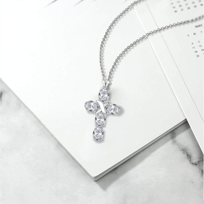 Gem Stone King Cross Pendant Necklace for Women | 925 Sterling Silver | 6X4MM Gemstone Birthstone | Jesus Christian Religious Crucifix Jewelry Gifts | 18 Inch Chain