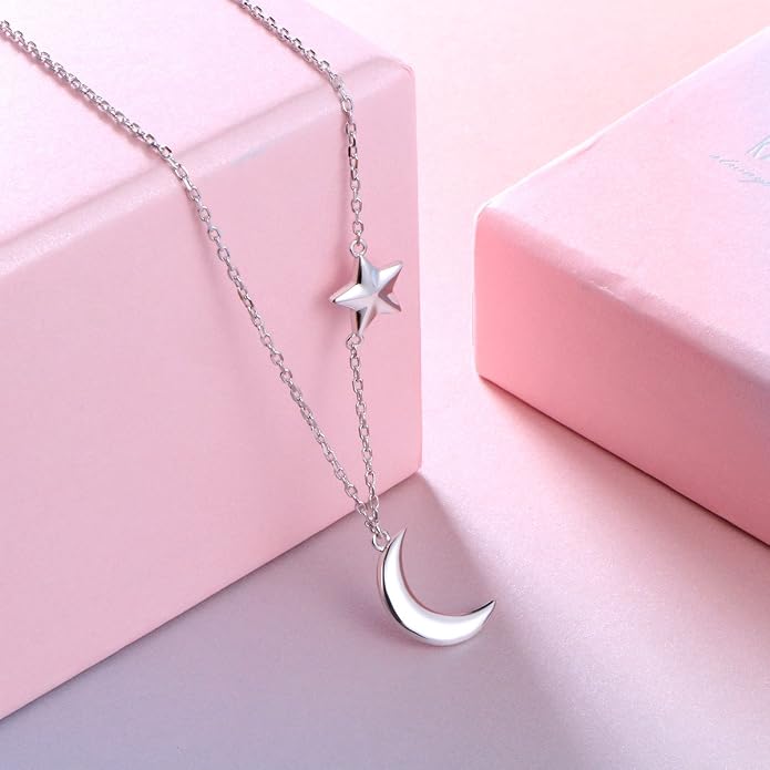 Ladytree 925 Sterling Silver Jewelry Crescent Moon and Star Pendant Necklace