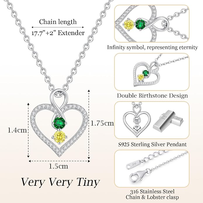 LOUISA SECRET Double Birthstone Necklaces for Women, 925 Sterling Silver Infinity Love Heart Pendant Necklace for Her, Birthday Anniversary Valentine's Day, Christmas, Wedding, Graduation Gift for Her, Personalized Gifts, Jewelry Gifts for Wife Mom Gir...