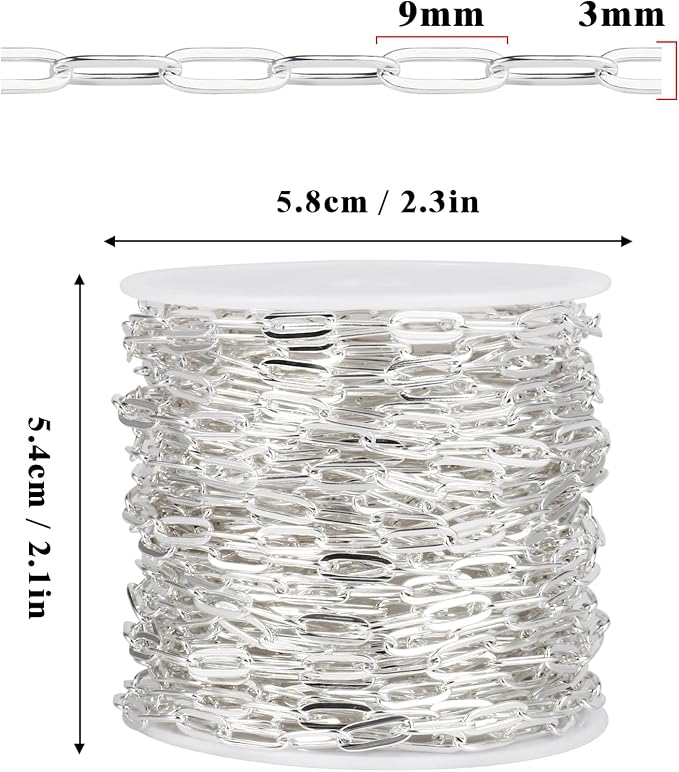 [33 Ft] Stainless Steel Paperclip Chains Roll, 3mm Width Silver Plated Stainless Steel Oval Link Chains Spool Bulk for Jewelry Making