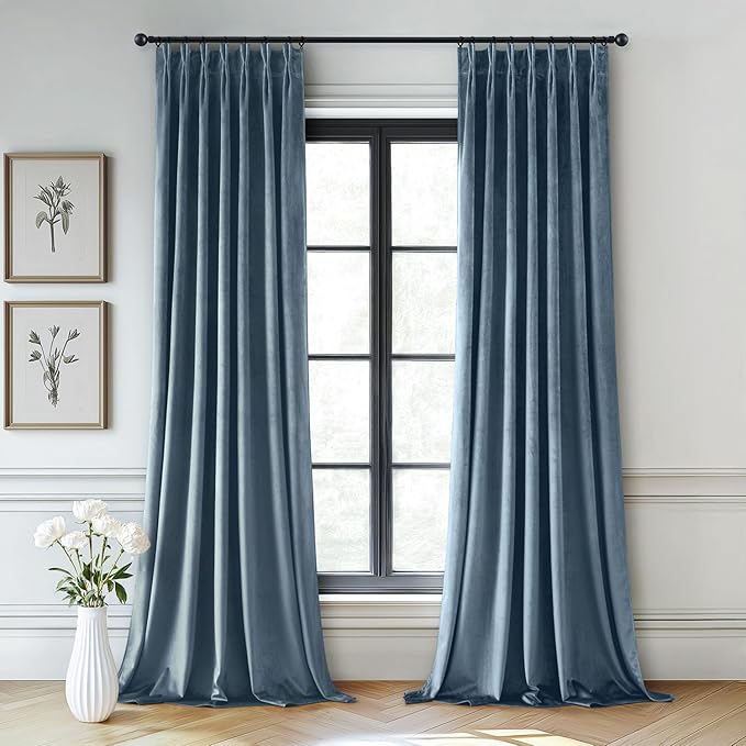 MIULEE Stone Blue Velvet Curtains 84 inches Long, Pinch Pleated Blackout Drapes with Hooks, Thermal Insulated Pinch Pleat Panels for Bedroom Living Room, 2 Panels