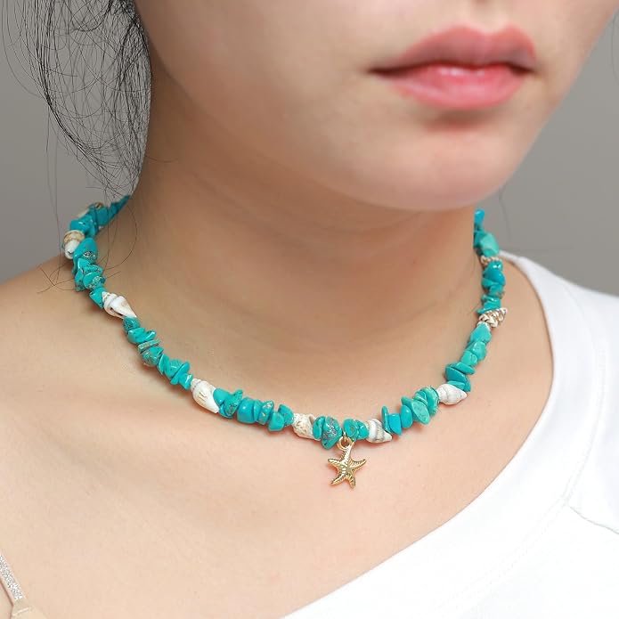 14K Gold Plated Paper Clip Chain Link Necklace Satellite Cross Key Starfish Turquoise Heart Necklace for Women
