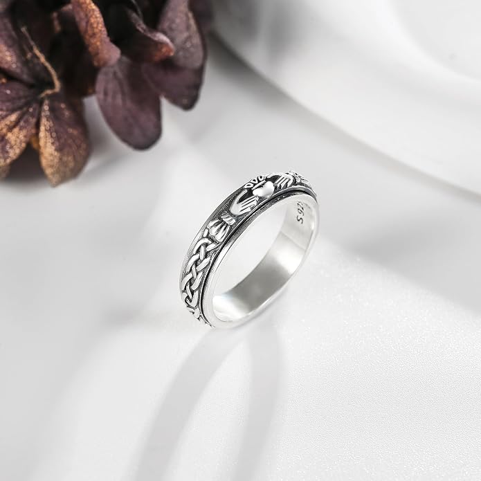 Fidget Spinner Rings 925 Sterling Silver Claddagh Celtic Knot/Moon Star Anxiety Ring Irish Claddagh Jewelry Gifts for Women Girls Men