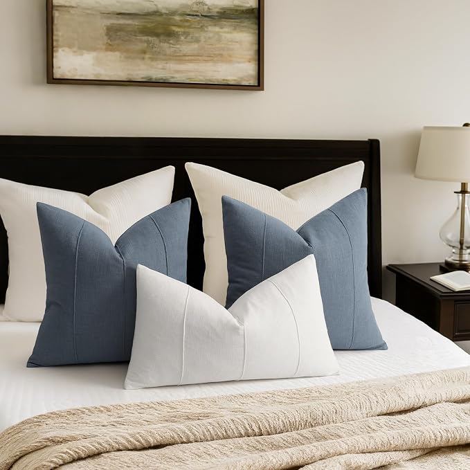 ZWJD Decorative Linen Throw Pillow Covers 20x20 Set of 2 Solid Handcrafted Striped Cushion Covers for Bed Soft Modern Farmhouse Neutral Pillowcase for Couch Bedroom Living Room Home Decor(Slate Blue)