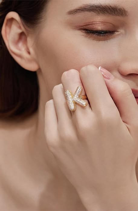 Cicy Bell Initial Rings for Women 14k Gold Plated Cubic Zirconia Delicate Letter Chunky Statement Open Rings Gifts for Her