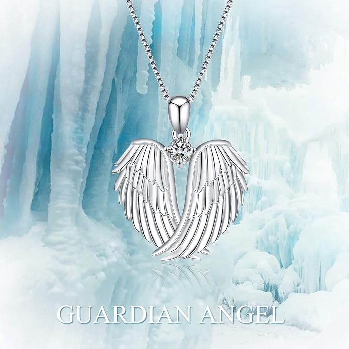 YFN Angel Wings Necklace 925 Sterling Silver Guardian Angel Wings Pendant Necklace Birthstone Necklace for Women Girls Christmas Jewelry Gifts