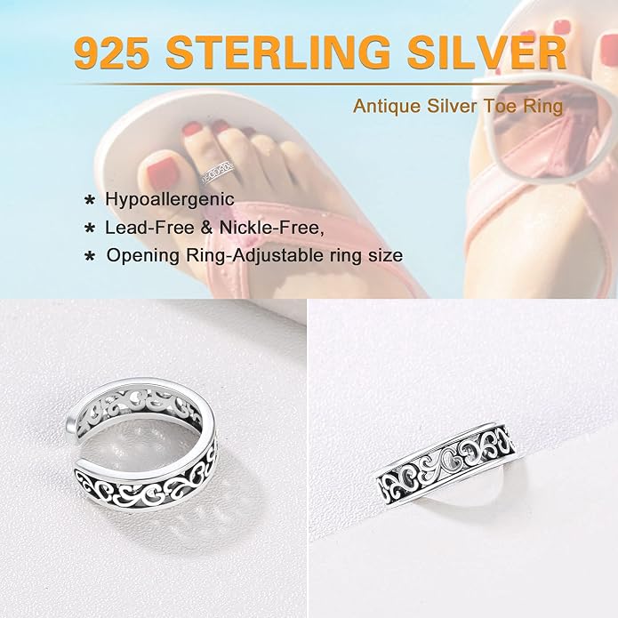 SILVERCUTE Toe Ring, Chic 925 Stamped Toe Ring, Band/Leaf Toe Ring, Sterling Silver Open Adjustable Toe Ring Set, Adjustable Pinky Rings