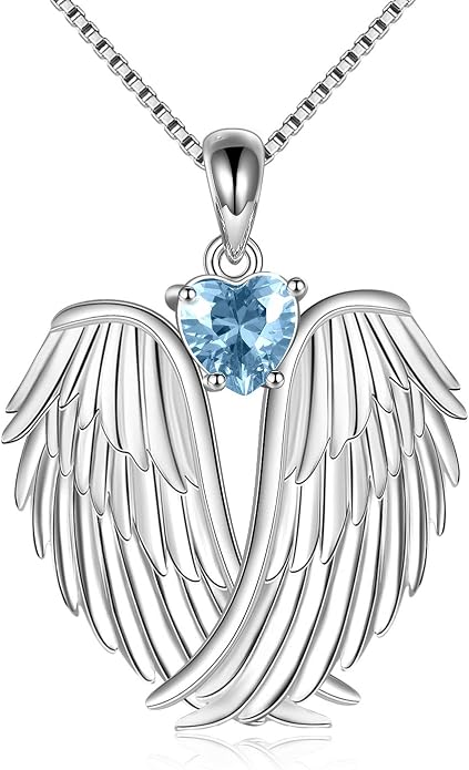 YFN Angel Wings Necklace 925 Sterling Silver Guardian Angel Wings Pendant Necklace Birthstone Necklace for Women Girls Christmas Jewelry Gifts