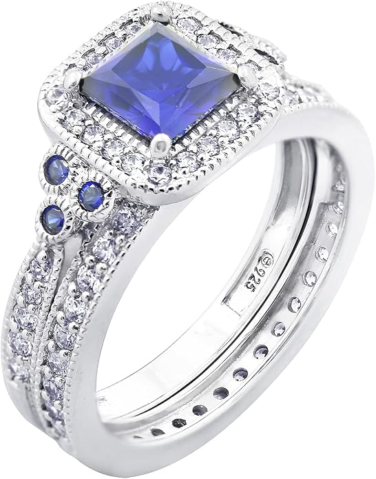 Amazon Essentials Platinum or Gold Plated Sterling Silver Antique Ring set with Asscher-Cut Infinite Elements Cubic Zirconia
