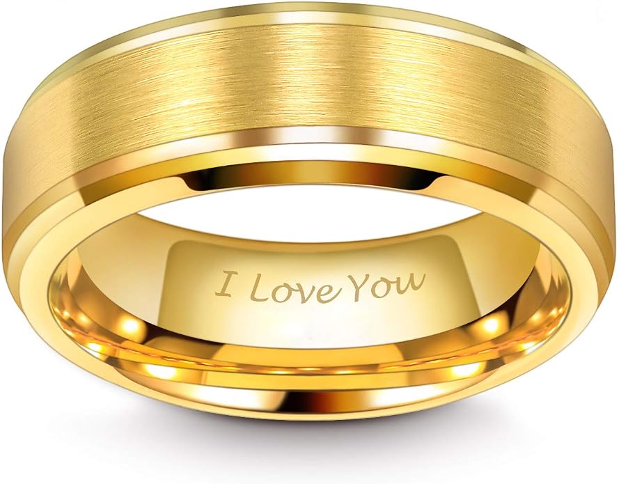 TRUMIUM 6mm 8mm Mens Womens 24K Gold Plated Tungsten Wedding Ring Band Brush Finish Scratch Resistant Size 5-14