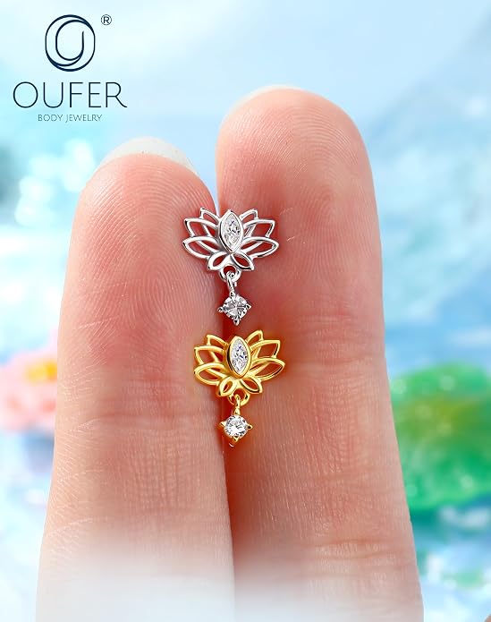 OUFER Silver Flat Back Earrings-16G Gold Forward Helix Piercing Jewelry, Internal Thread Clear CZ Pendant Helix Cartilage Tragus Conch Lobe Piercing Jewelry
