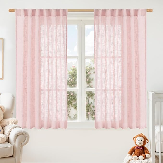 LAMIT Semi Sheer Linen Curtains 45 Inches Long, Light Filtering Panels Back Tab and Rod Pocket Neutral Drapes for Girls Room/Window/Bedroom, Pink, 2 Panels, 52 x 45 Inch