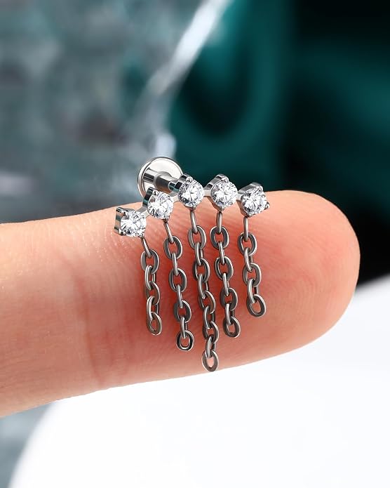 COCHARM G23 Titanium 16g Chandelier Dangle Helix Cartilage Earring Stud Flat Back 8mm Long Drop Dangly Top Helix Cartilage Piercing Jewelry Threaded Screw on Nickel Free