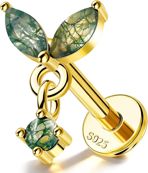 Jewseen Celtic knot&Butterfly Moss Agate Stud Earrings Dangle Internal Threaded Flat Back 16g 8mm Hypoallergenic 925 Sterling Silver Piercing Jewelry for Cartilage Lip Conch Tragus Helix