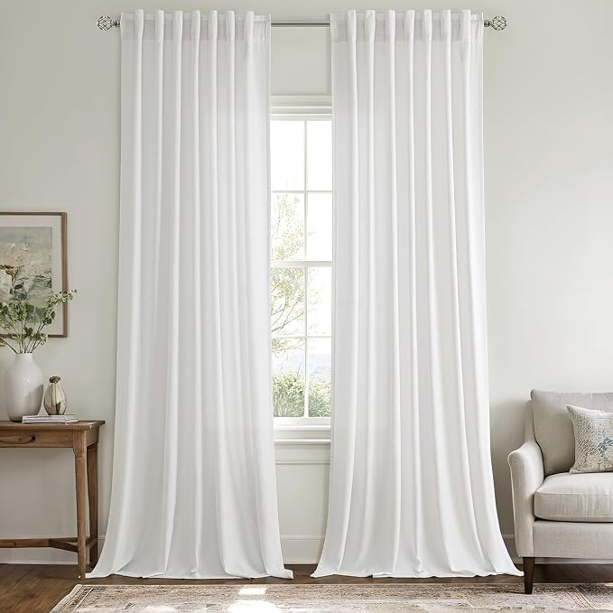 MIULEE Non-See-Through Privacy Linen Curtains 52W x 90L Inch Pure White | 2 Panels, Light Filtering, Semi Sheer Window Curtains, Farmhouse Textured, Back Tab Drapes for Bedroom Living Room