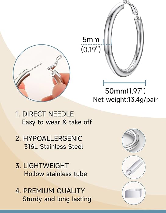 Stainless Steel Chunky Hoop Earrings For Women, Minimalist and Chic, Black/Gold Plated, Round Hoops Earrings Hypoallergenic, Size: 30mm/40mm/60mm/80mm, Come with Box