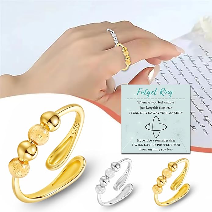 HEEYA Anxiety Rings for Women,Sterling Silver Rings to my Daughter,Adjustable Stress Spinner Ring with Beads,Anxiety Fidget Ring for Women,Thumb Jewelry for Birthday,Christmas with Gift Card