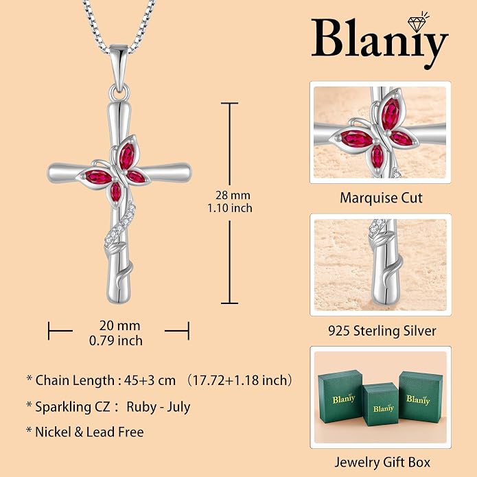 Cross Necklace for Women 925 Sterling Silver Butterfly Necklace Birthstone Pendant Created Gemstone Jewelry Gifts for Women