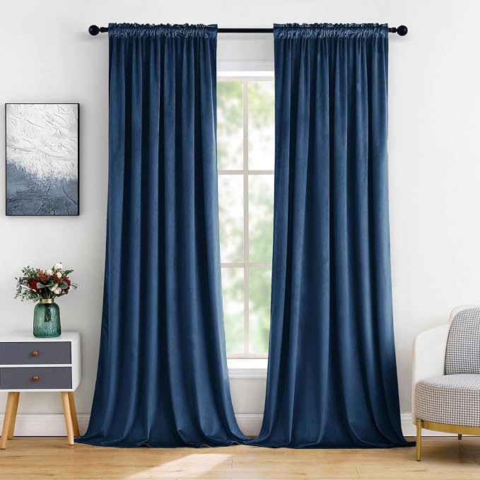 MIULEE Navy Blue Blackout Velvet Curtains Drapes 96 Inch Long 52"x96" | Luxurious Bedroom Living Room Decor, Room Darkening, Thermal Insulated, Rod Pocket Design, Super Soft Fabric
