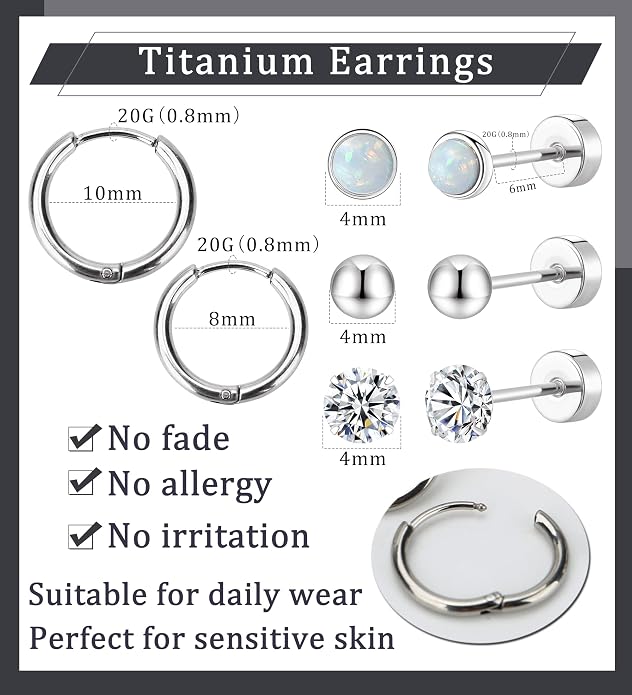 MJust Titanium Earrings for Sensitive Ears 20G Hypoallergenic Stud Hoop Earrings for Women Men Opal Ball CZ Heart Pearl Flat Back Earrings Cartilage Earrings Set