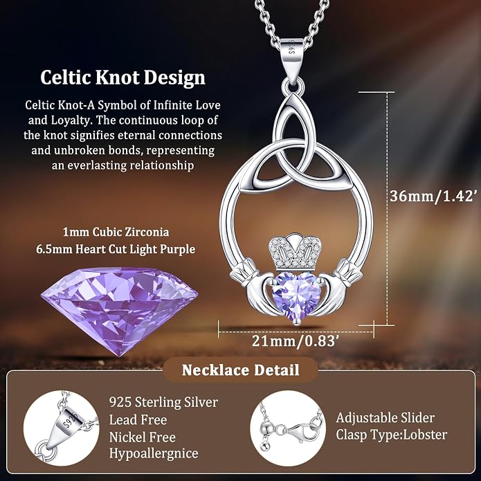 Gift Birthstone Necklaces for Women 925 Sterling Silver Irish Claddagh Necklace for Women Heart Birthstone Pendant Necklace Anniversary Birthday Gifts for Wife Lady Cable Chain 18"+2"