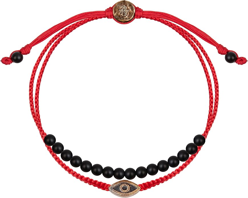 KARMA AND LUCK - Brave Gaze - Men's Real Matte Onyx/Jade Stone Bronze Brass Evil Eye Charm Red String Adjustable Drawstring Closure Bracelet Handmade with Love in Bali
