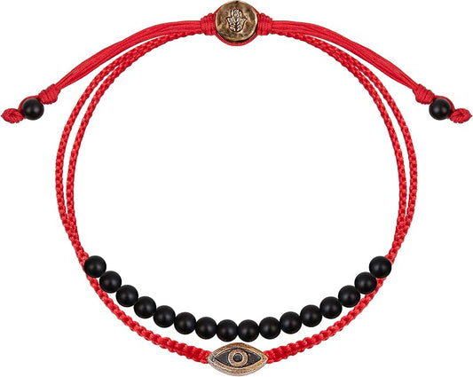 KARMA AND LUCK - Brave Gaze - Men's Real Matte Onyx/Jade Stone Bronze Brass Evil Eye Charm Red String Adjustable Drawstring Closure Bracelet Handmade with Love in Bali