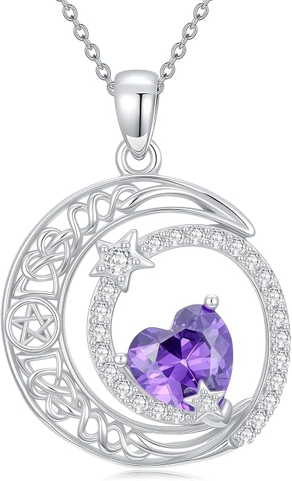 Dorunmo Heart Birthstone Necklace for Women 925 Sterling Silver Moon and Star Pendant Birthday Jewelry Gifts for Wife Her Daughter Mom
